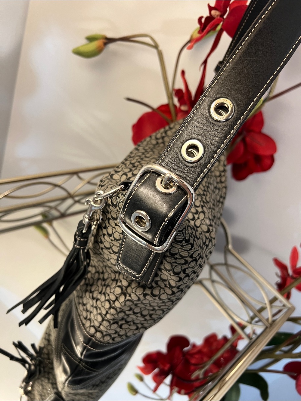 Coach Signature Jacquard Shoulder Bag in Black and Cream - Picture 6 of 15